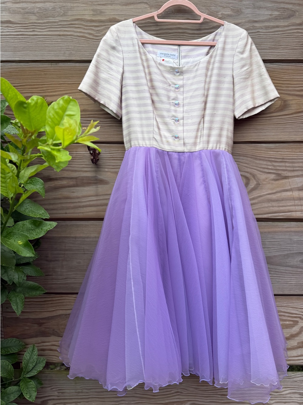 Vintage Jacques Fath Designer Lavender Tulle Midi Dress with Striped Bodice